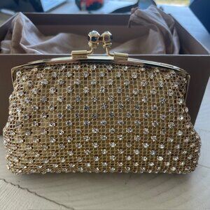 MENBUR GOLD CRYSTAL MESH CLUTCH SMALL SHOULDER BAG #12721-36 NWB